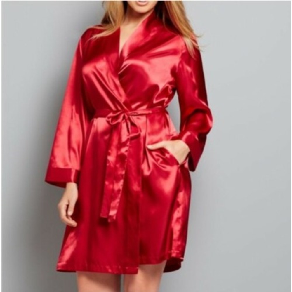 vintage S Red satin belted luxury lace‎ robe valentines date night loungewear